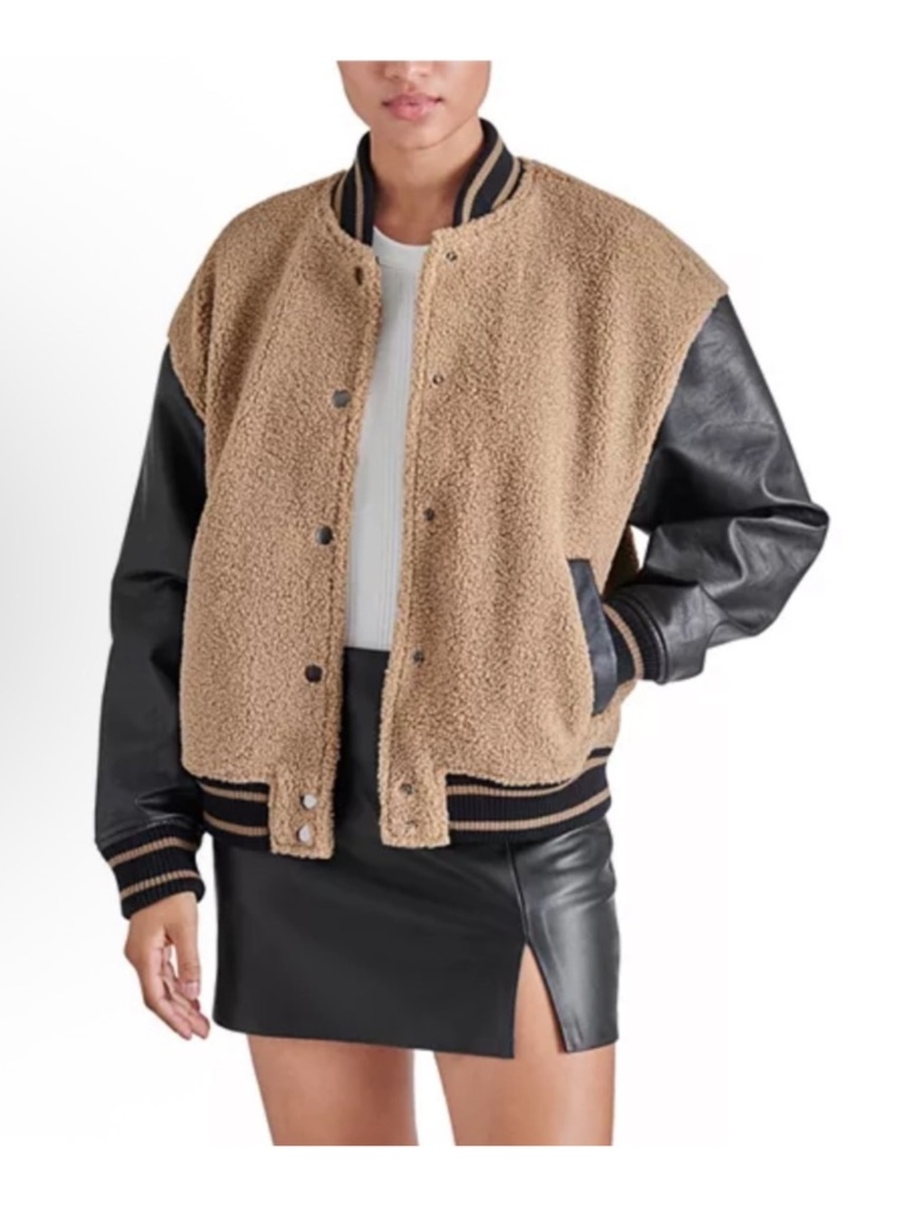 Sherpa Bomber Jacket with Faux Leather Sleeves - Camel/Black